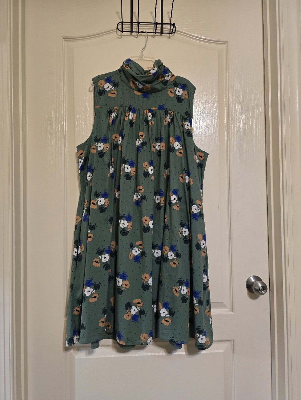 Lands End Cotton Voile Green Floral High-Neck Trapeze Dress, Lined, Sz XL/18